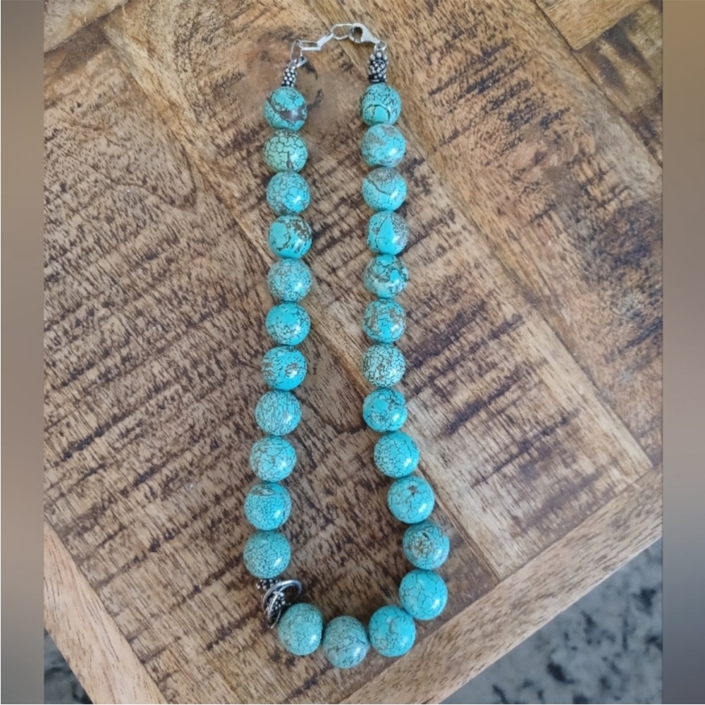 Boho chic Sterling Mosaic Turquoise bead adjustable lobster claw clasp necklace